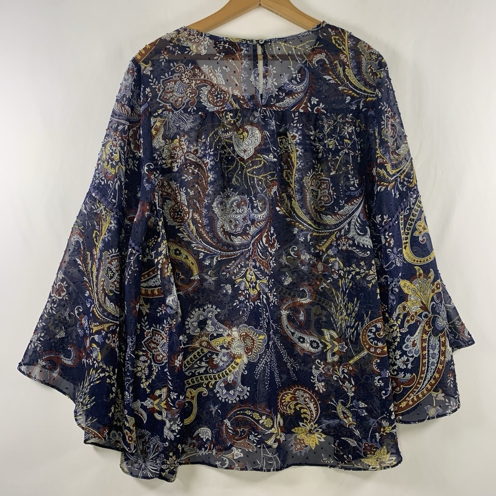 Womens Sheer Paisley Boho Bell Sleeve Top Size 1X Crochet Flowy Artsy Layer - Picture 5 of 12